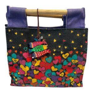 Vintage Laurel Burch Canvas Handbag – Multicolor Hearts & People – Bamboo Handle